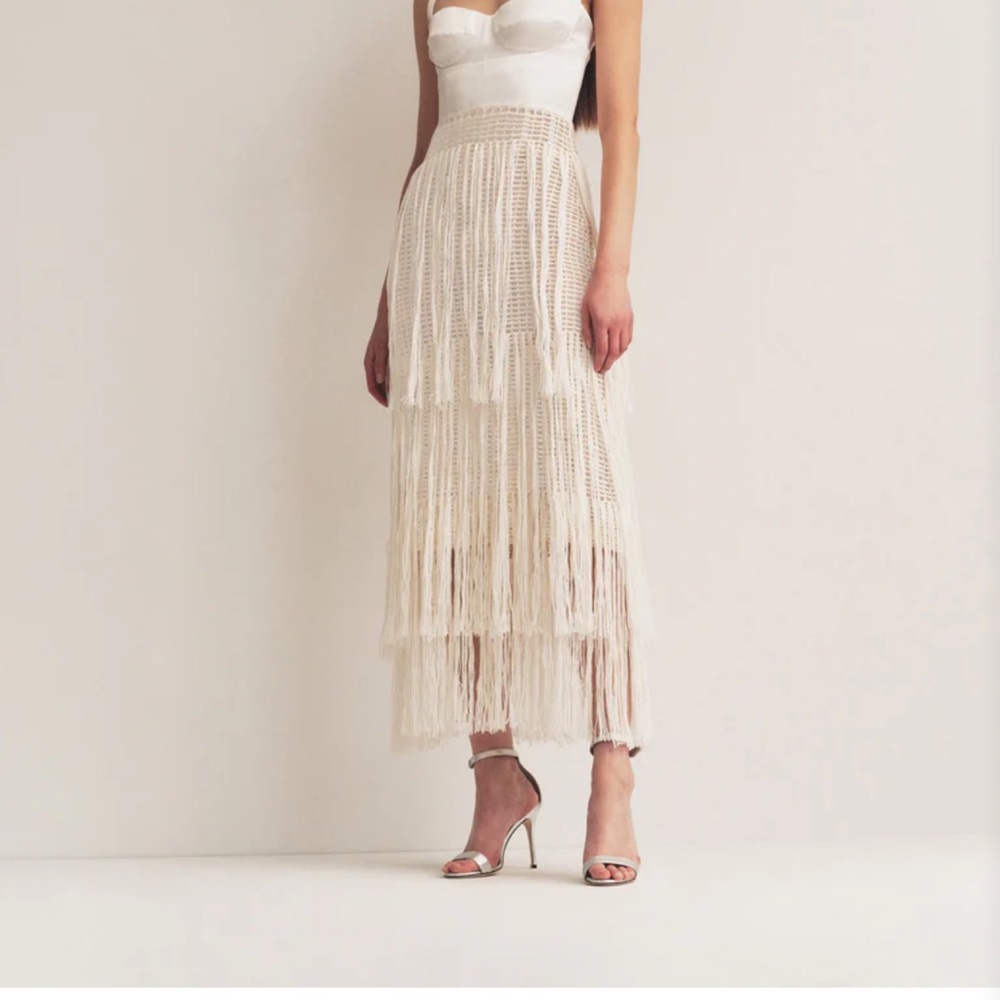 Bustier Dress With Crochet Fringe In Ecru